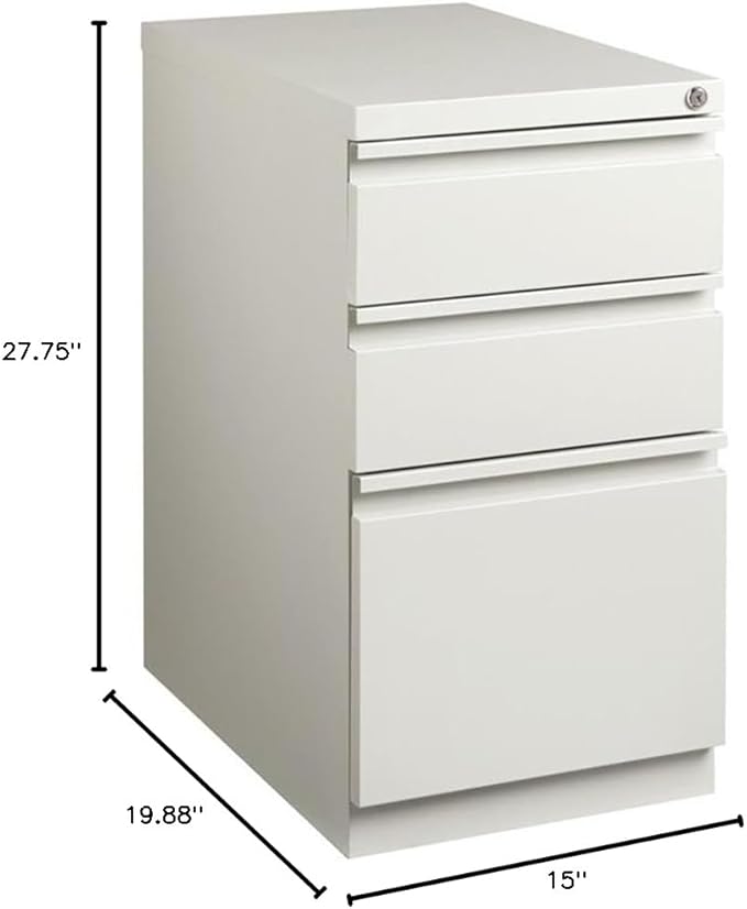 Pemberly Row 20 Mobile Pedestal Filing Cabinet Light Gray Steel 27.75 H x 15 W x 19.88 D 3-Drawer Box/Box/File Design Lockable Full Extension Drawers Office Storage Solution