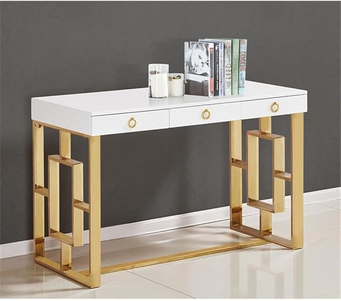 Best Master Furniture Barento 47 White Gloss Rectangular Computer Desk with 3 Drawers and Ring Handles Stainless Steel Sled Base Contemporary Office Desk for Home Study or Workspace (Gold)