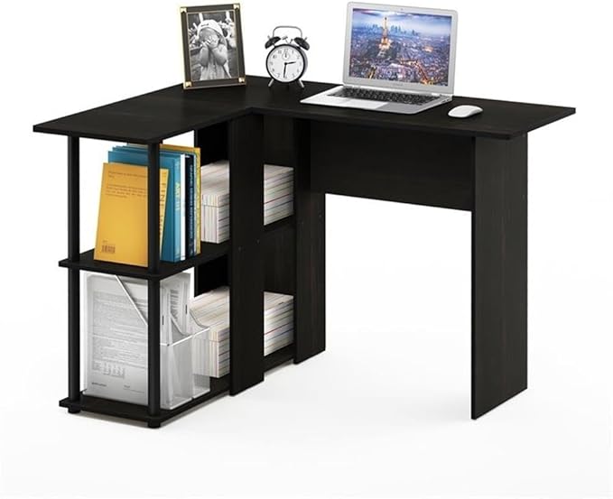 Pemberly Row L-Shape Engineered Wood Desk with Bookshelf Espresso/Black Finish 41.14 in W x 34.45 in D x 28.94 in H 2 Shelves Sturdy Modern Design for Home Office or Workspace