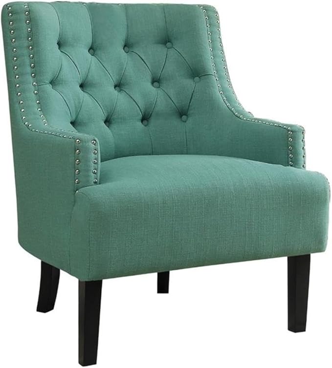Pemberly Row Upholstered Accent Chair Teal Fabric Solid Wood Frame Button-Tufted Back Nailhead Trim Espresso Finish Legs 34.75 H x 28 W x 30.25 D Modern Traditional Living Room Seating