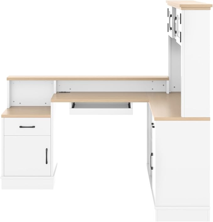 L-Shaped Home Office Desk with Storage Drawers Shelves and Cabinet Study Table Gaming Computer Desk with Keyboard Tray for Apartroom Living Room White
