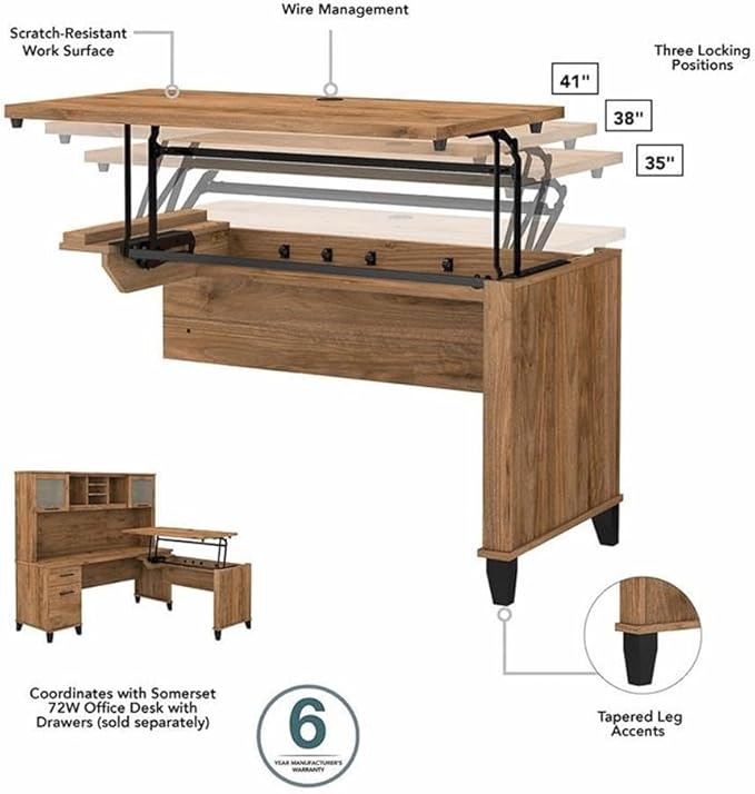 Pemberly Row 3 Position Sit to Stand L Shaped Desk 71W x 66D Engineered Wood Fresh Walnut Finish Lift-n-Lock System Wire Management File and Box Drawers Ergonomic Home Office Desk