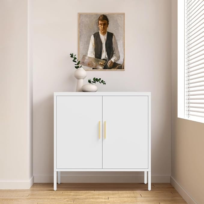 DShade Sideboard Cabinet Cold-Rolled Steel Storage Cabinet with 2 Doors &amp 2 Adjustable Shelves Garage Storage Cabinet Metal File Cabinet for Home Office School Gym (White)
