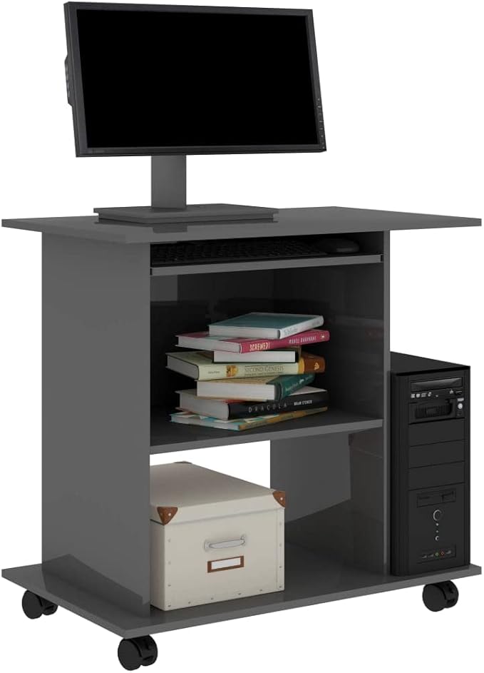 High Gloss Grey Computer Desk with Keyboard Tray and 3 Shelves 31.5 Long Compact Workstation for Home Office Mobile Design with Casters Multifunctional