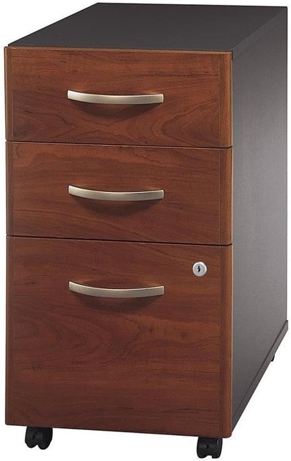 Scranton &amp Co 3-Drawer Mobile Pedestal Filing Cabinet Hansen Cherry Finish Locking Bottom Drawers Ball-Bearing Slides Fits Under Desk Shell Office Storage Solution for Legal and Letter Files