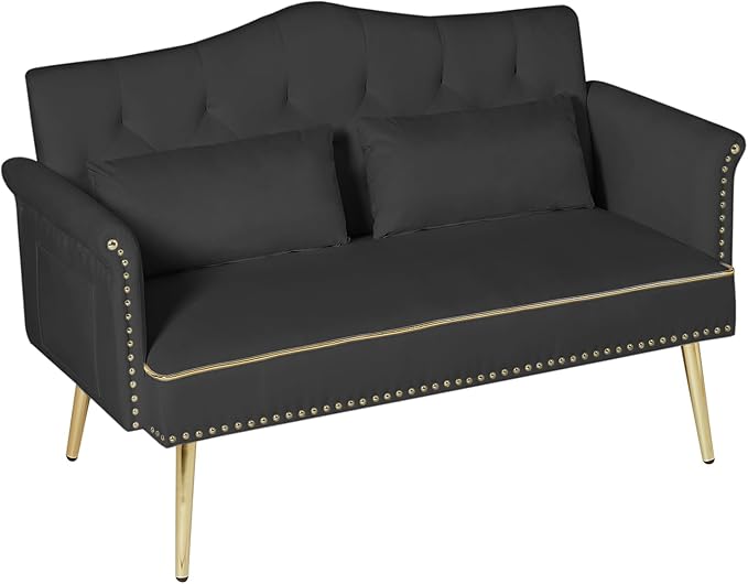 Velvet Loveseat SofaSmall 2 Seater Couch with Nailhead Trim and Side Pockets for Living Room Apartment (Black)