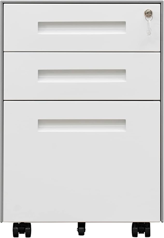 Generic 3 Drawer Mobile File Cabinet with Lock Steel File Cabinet for LegalLetterA4F4 Size Fully Assembled Include Wheels Home Office Design White+gray