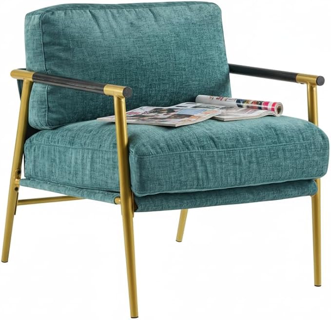Modern Minimalist Accent Chair Soft Polyester Fabric with Metal Frame and Wood Armrests Living Room Bedroom Office Seating (Teal Blue)