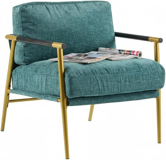 Modern Minimalist Accent Chair Soft Polyester Fabric with Metal Frame and Wood Armrests Living Room Bedroom Office Seating (Teal Blue)