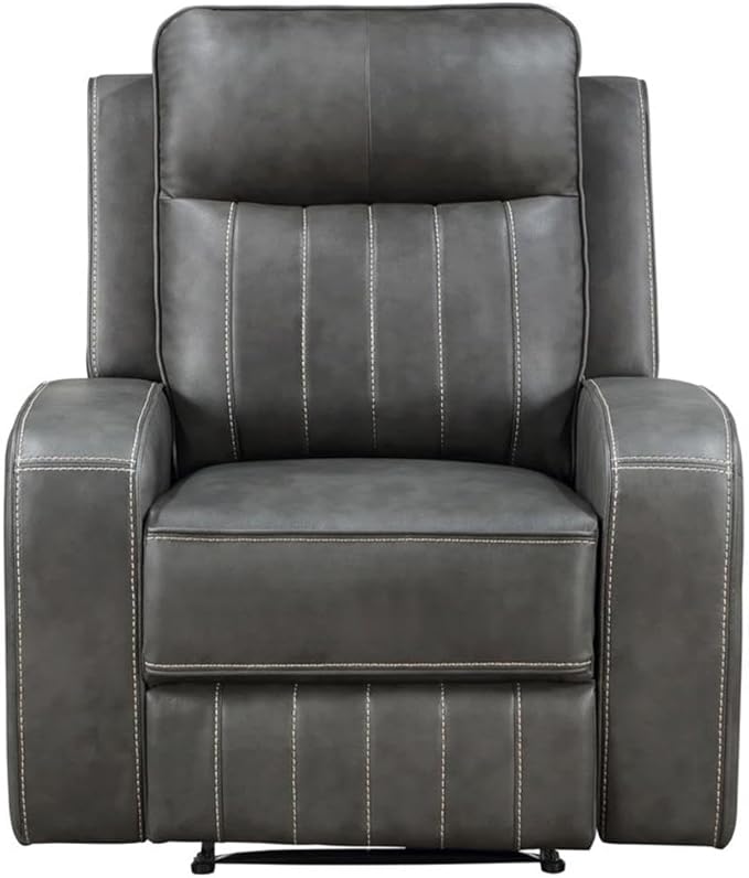 Pemberly Row Modern Faux Leather Upholstered Recliner Chair Manual Wall Hugger Gray 41.25 H x 35.75 W x 40.5 D Foam Padding Pocket Coil Spring Cushion Cozy Seating for Living Room or Home