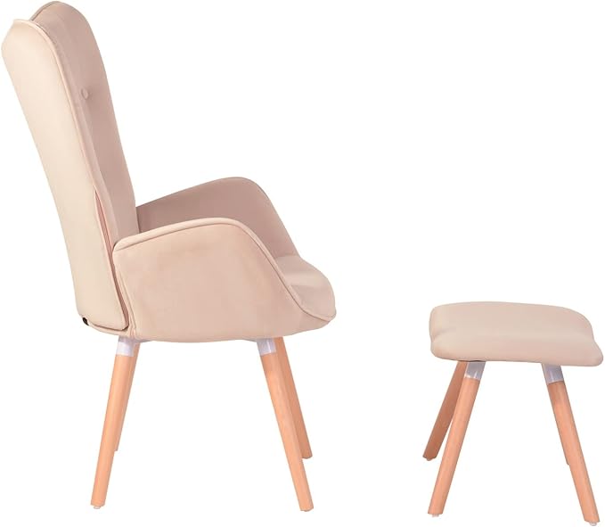 Velvet Accent Chair Ottoman Set for Living Room Wing Back Armchair Tufted Back Upholstery Living Room Chairs - Pink