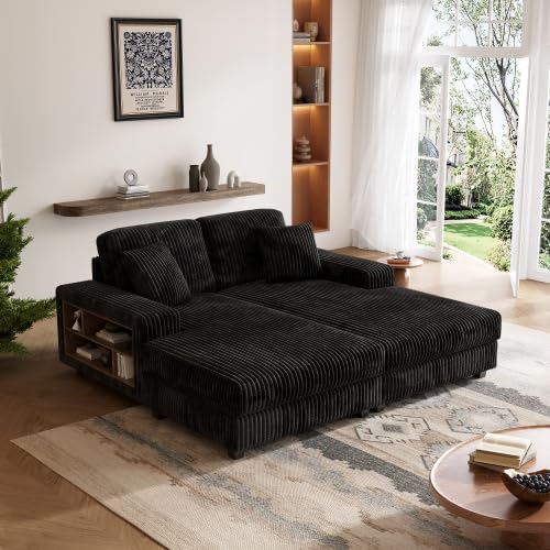 79.5 Oversized Double Chaise Lounge Chair Indoor Modern Upholstered Sleeper Sofa Bed with 2 Storage Armrests and Throw Pillows Comfy Fluffy Corduroy Couch (Black 79.5 Double Chaise)