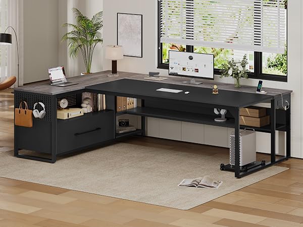 71 Executive Desk Large Office Desk with Widen File Drawers &amp Power Outlets Reversible L Shaped Computer Desk Corner Desk with Storage Shelves CPU Stand Hooks Business Furniture (Grey)