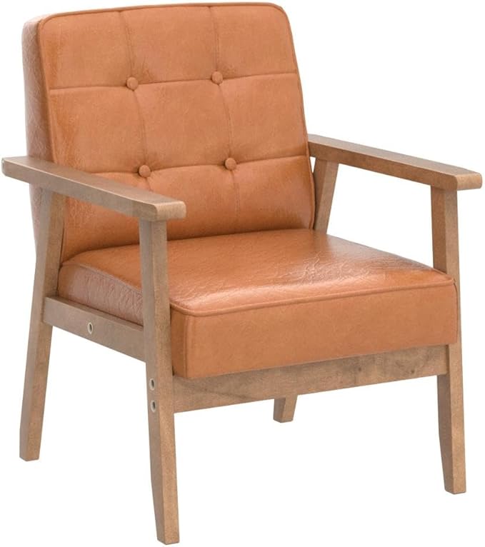 Okeysen Accent Chairs Set of 2 with Side Table Mid Century Modern Accent Chair Retro Wood and Leather Armchairs Side Chair Lounge Reading Comfy Armchair for Living Room Bedroom Office（Brown