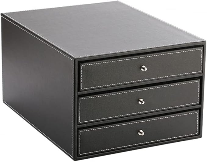 qiuqiu Office Cabinet File Box 3-Drawer Leather Filing Cabinets Desk 3 Layer Leather File Cabinet Drawer Style A4 Document Storage Box Business Office Supplies Furniture-Black