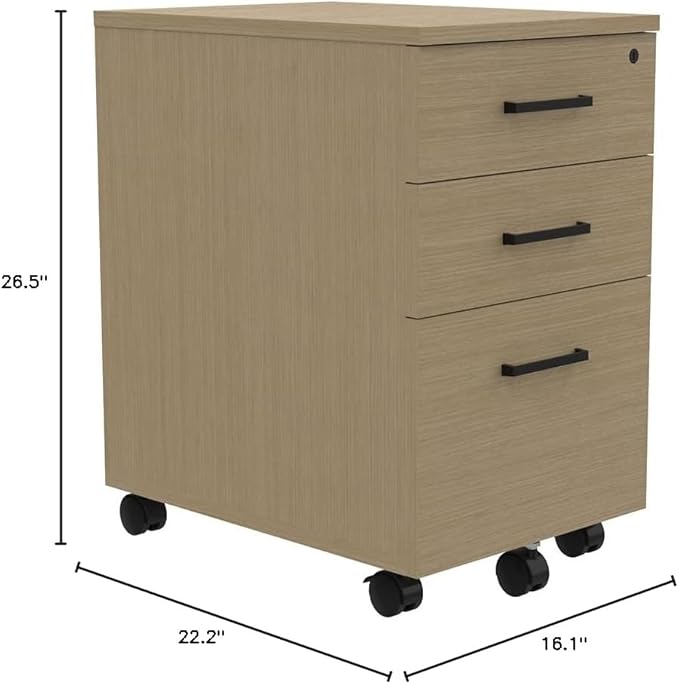 NBF Cortez Three-Drawer Mobile File Pedestal Storage with Lock - Modern Mobile File Cabinet for Document Storage - Pedestal Office Filing Cabinet with Wheels (Nordic Ash) 16.1 W