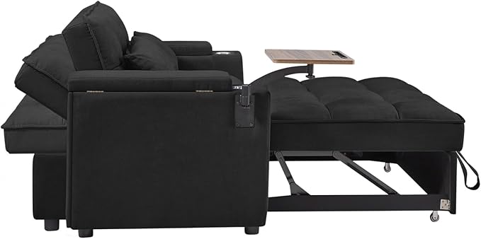  65''Convertible Sleeper Sofa Bed3-in-1 Pull Out Couch Bed with 360 Degree rotatable Side Table and USB Ports for Living RoomRV (07Black)