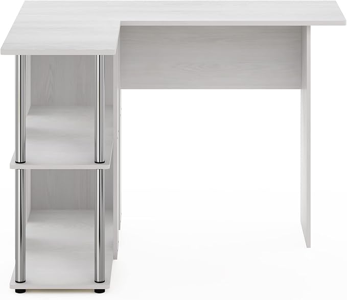 Furinno Abbott L-Shape Desk with Bookshelf White Oak/Chrome