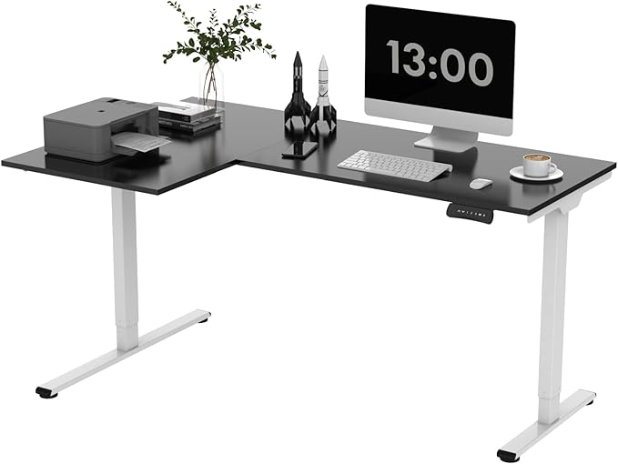 SANODESK 63-Inch Large Dual Motor L-Shaped Electric Height Adjustable Standing Desk - Reversible Panel - Black Top/White Frame - Ideal for Gaming Home Office or Computer Workstation