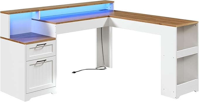 Farmhouse 63 L Shaped Standing Desk Corner Computer Desk with Drawers Office Desk with File Drawers with RGB Lighting &amp Charging Station Monitor Stand and Storage Shelves White and Walnut