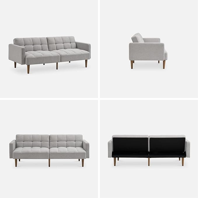 mopio Aaron 76.8 Couch Small Futon Sofa Bed Sleeper Loveseat Mid Century Modern Futon Couch Sofa Cama Couches for Living Room Bedroom (Light Gray Fabric)