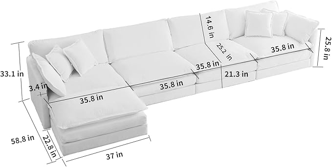 146.5 Orange Modular Sectional Sofa 4 Seater Large Sectional Couches for Living Room Chenille Fabric Oversized Cloud Couch with Ottoman Deep Seat Home Sofas Set Sofá Moderno L Shaped