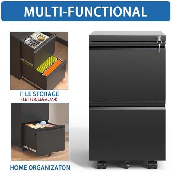 Black 2 Drawer Metal Mobile File Cabinet File Cabinet on Wheels for Letter/Legal/A4 File Under Desk Metal Rolling File Cabinets for Home OfficeMobile Filing Cabinet
