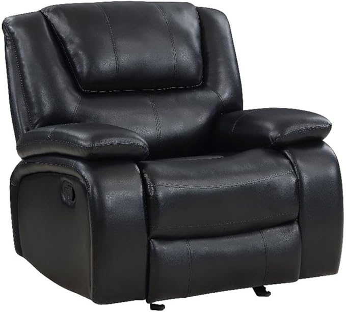Pemberly Row Faux Leather Upholstered Glider Recliner Chair Black Manual Recline 38 H x 37.75 W x 38.25 D Plush Foam Cushions Padded Arms Wall Hugger Living Room or Den Seating