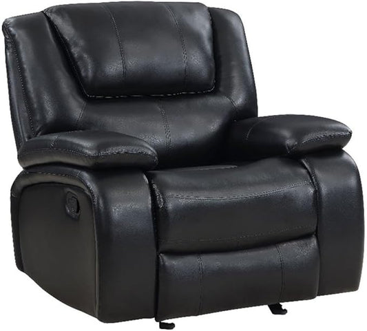 Pemberly Row Faux Leather Upholstered Glider Recliner Chair Black Manual Recline 38 H x 37.75 W x 38.25 D Plush Foam Cushions Padded Arms Wall Hugger Living Room or Den Seating