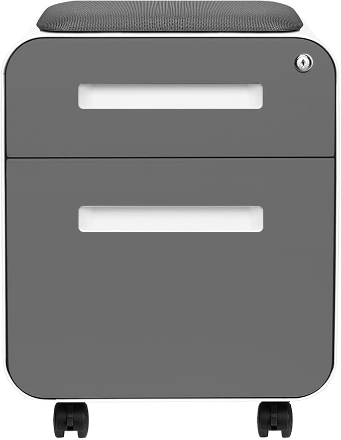 Laura Davidson Furniture STOCKPILE Mini Seated 2 Drawer Mobile File Cabinet with Removable Magnetic Cushion Seat - Short Version Metal Filing Cabinet Pre-Assembled Dark Grey Face with Grey Cushion