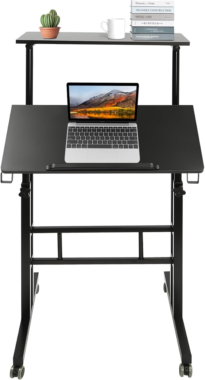 Standing Desk Adjustable Laptop Desk Mobile Stand up Desk with Wheelsfor Standing or Sitting Portable Computer Desk for Home OfficeStudent DormitoriesGame Rooms-Black