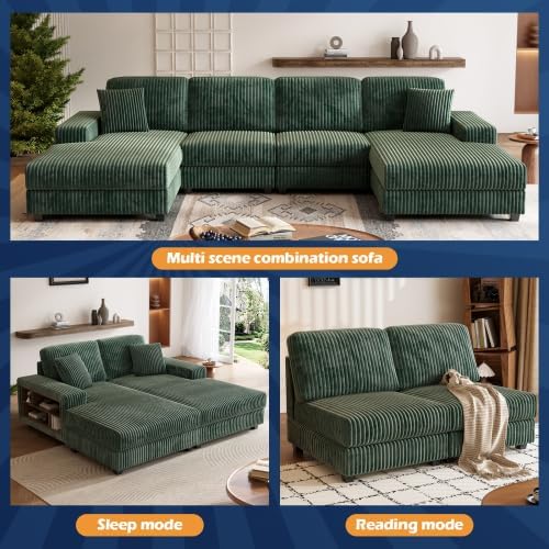 137” Oversized Corduroy Sectional Sleeper Sofa with Double Storage Chaise U Shaped 4 Seat Sectional CouchGreen