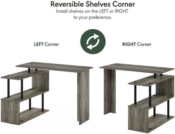 Pemberly Row L-Shape Computer Desk French Oak/Black Finish 3-Tier Shelves Reversible Corner Design Durable Composite Wood Compact for Small Rooms Modern Style Home Office Desk