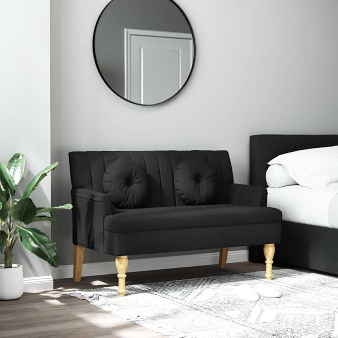 vidaXL 44 W Small Loveseat with Round Pillows Fabric Sofa with Armrests &amp Wooden Feet Modern 2 Seater Couch for Small Spaces Ideal for Living Room &amp Bedroom Black