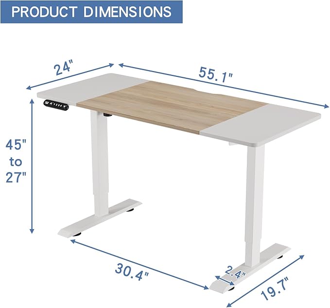 bilbil Height Adjustable Electric Standing Desk 55 x 24 Inches Sit Stand up for Work Office Home Ergonomic Rising Computer Table with Memory Preset with Splice Desktop (Oak White)