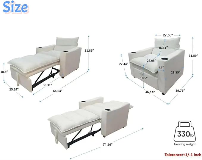 3-in-1 Convertible Sleeper Chair Velvet Pullout Chair with Cup Holders Recliner Sofa Bed with 3 Adjustable Angles Convertible Lazy Sofa Bed for Small Spaces Home Office Blue