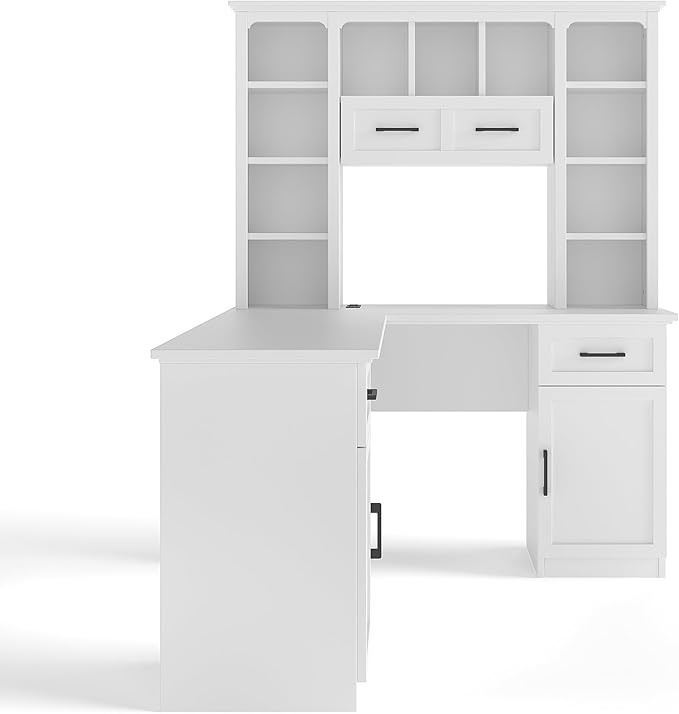 L Shaped Computer Desk with Drawers Bookshelf &amp Hutch Modern Corner Home Office Desk L-Shaped Study Table Writing Corner Gaming Computer Desk with Storage (White)