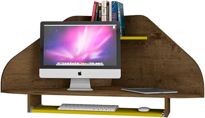 Manhattan Comfort Bradley Corner Floating Desk with Shelves &amp Gliding Keyboard Drawers Wall Mounted Table for Small Spaces Home Office and Bedroom Mid Century Modern Design Rustic Brown/Yellow