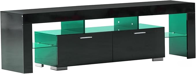 Nrizc Black LED TV Stand for 75 Inch TV High Gloss TV Entertainment Center with Storage Drawer TV Console Table for Living Room Bedroom