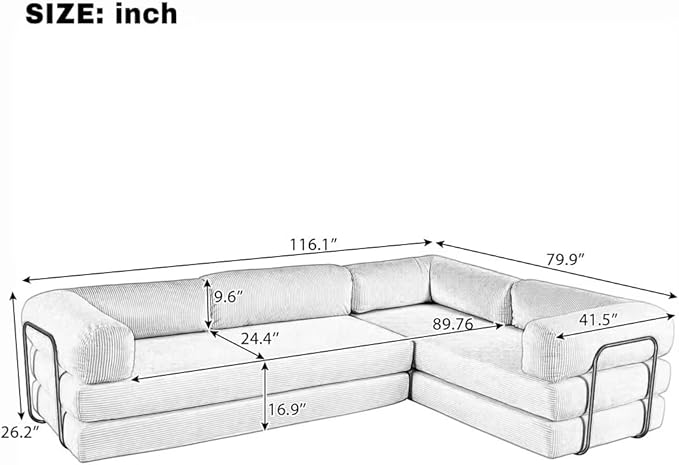 116''W Modular Sofa Bed in Corduroy Fabric L Shaped Sectional Couches Modern Upholstered Couches with Iron Frame Support 4 Independent Mattresses 3 Wedge Cushions and 1 Flat Cushion (Green/22)