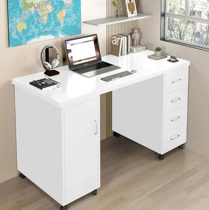Computer Desk Writing Desk with Lockable WheelsModern Wood Study Desk with 4 Drawers for Home Office Workstation (White)
