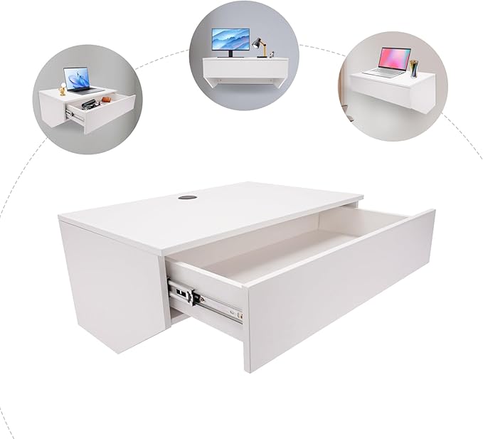 Wall Mounted Desk Floating Wall Desk Floating Computer Desk Multifunctional Laptop Computer Table Workstation with Drawers Wall Mounted Table for Home Office 19.2 x 28.4 x 13in White