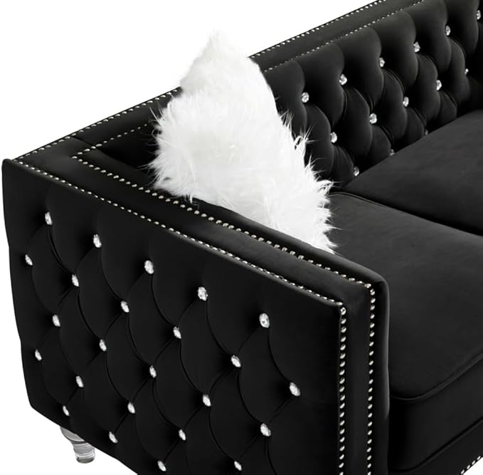 i-POOK 60 2-Seater Chesterfield Sofa Tufted Velvet Loveseat Sofa Couch with 2 Plush Pillows Crystal Legs and Nailhead Trim Arms Diamond Comfy Sofa for Living Room Office Guests Room Black