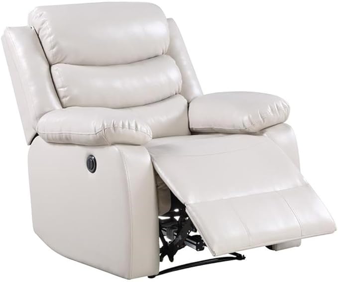 BOWERY HILL Power Recliner Faux Leather Upholstered Beige Finish 39 W x 38 D x 41 H Pillow Top Armrests Pocket Coil Spring Seating Adjustable Seat Comfortable Living Room Chair