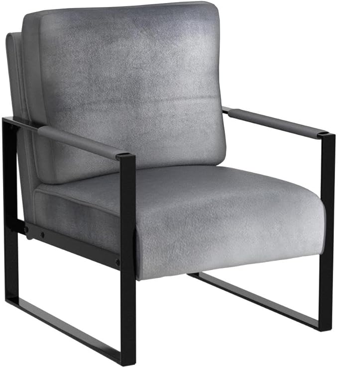 Container Furniture Classic Mid Century Modern Accent Chair with Durable Square Metal Frame Armchair for Living Room Bedroom Home Office in Plush Velvet Upholstery Grey