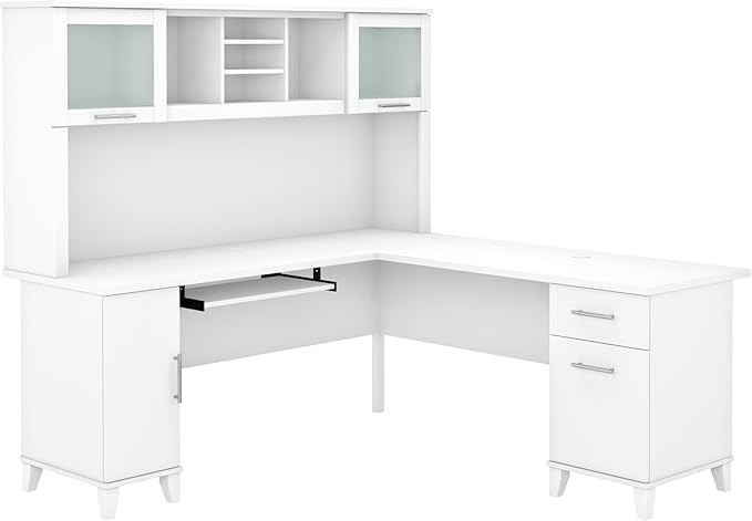 Bush Furniture Somerset L Shaped Desk with Hutch in White | Corner Computer Table with Drawers Cabinets and Pullout Keyboard/Laptop Tray for Home Office