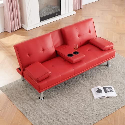 Futon Sofa Bed Modern Folding Couch for Small Space Faux Leather Convertible Loveseat Sleeper Bed Daybed Recliner Lounge Sofas for Living Room2 Cup HoldersMetal LegsRemovable Armrests (Red)