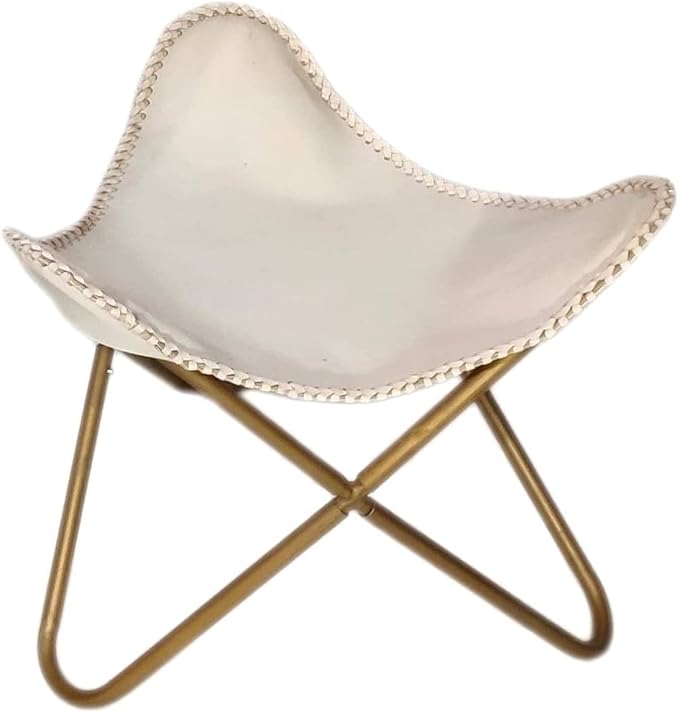 PLW Handmade Leather Butterfly Chair with Matching Ottoman – Beige Seat &amp Golden Folding Iron Frame Vintage Lounge Accent Chair for Living Room Bedroom or Office