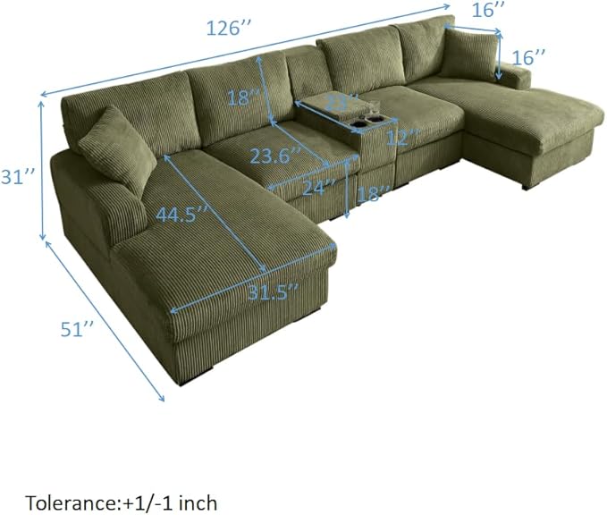 U-Shaped Sectional Cloud Sofa with Storage Console and Cupholders 126-Inch U-Shaped Symmetrical Corduroy Sectional Couch W/2 Chaise LoungesUSB-C Ports &amp 2 Pillows