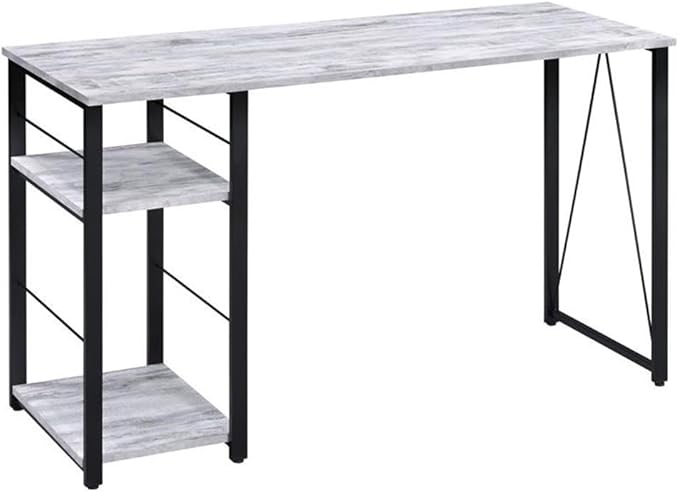 Bowery Hill 2-Shelf Writing Desk 47W x 19D x 28H Antique White and Black Finish Wooden Top Particle Board and Metal Construction Rustic Industrial Style Home Office Desk with Storage Shelves